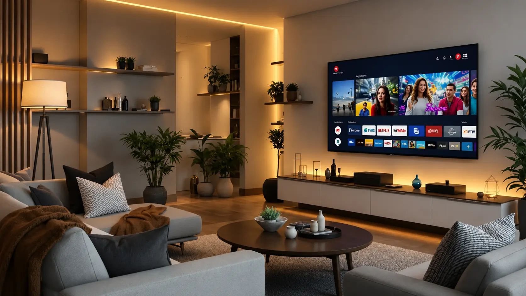 Salon moderne avec téléviseur affichant une interface de divertissement