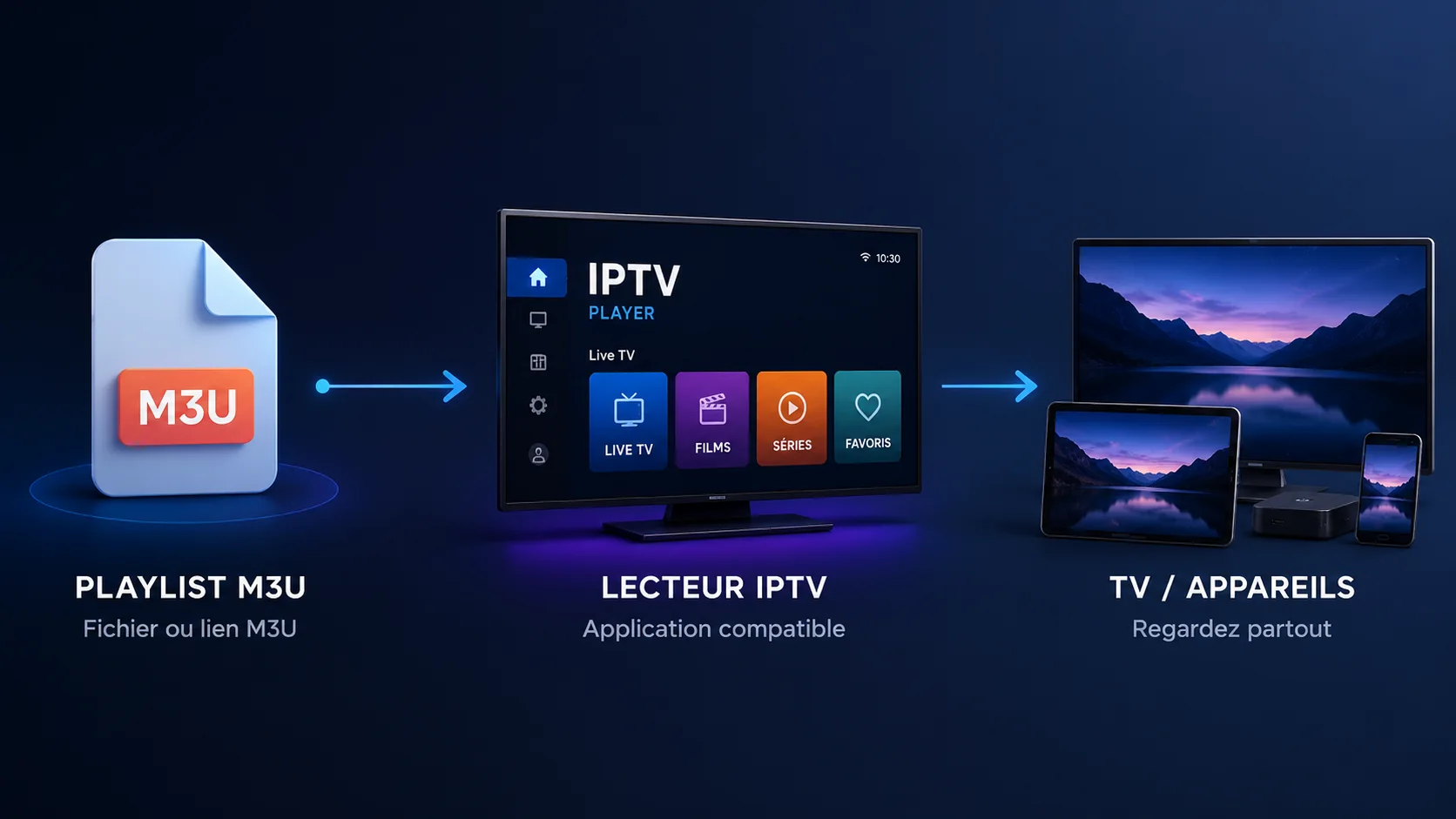 Schéma montrant le fonctionnement d'une playlist M3U avec un lecteur IPTV