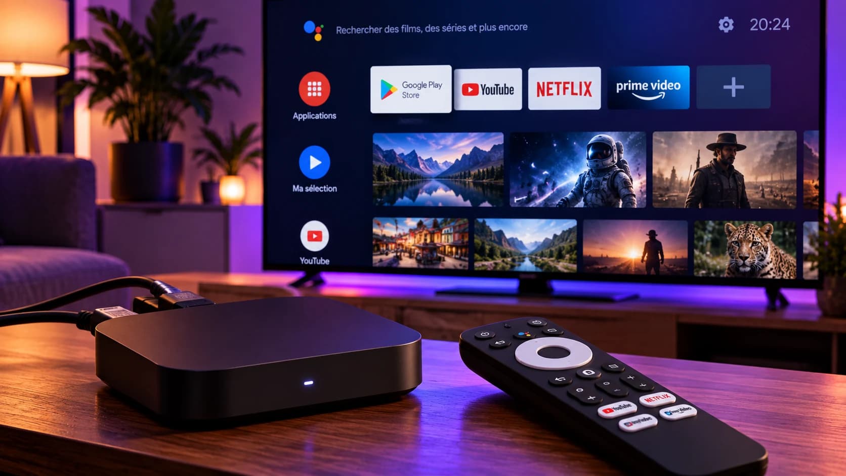 Boîtier multimédia noir relié en HDMI à un téléviseur affichant l'écran d'accueil d'Android TV, avec sa télécommande au premier plan
