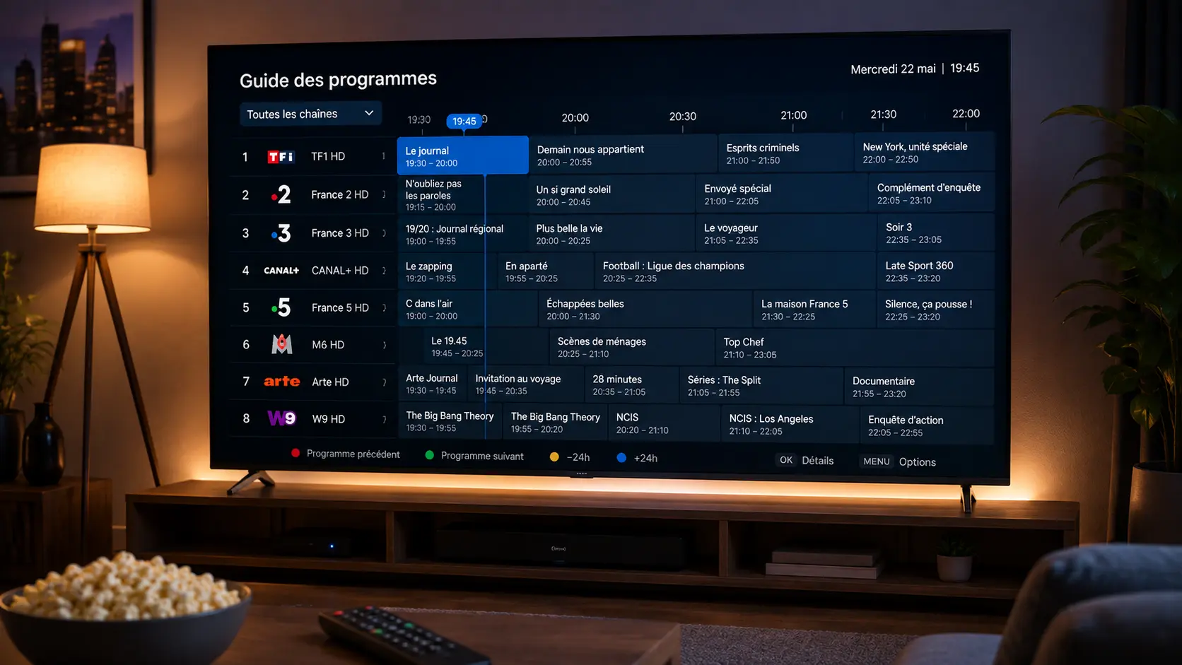 Téléviseur affichant un guide électronique des programmes avec une grille horaire par chaîne