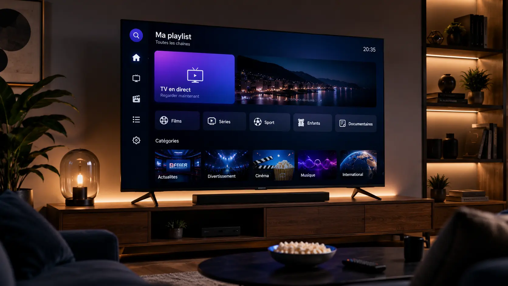 Téléviseur affichant une interface de playlist générique avec des catégories de chaînes