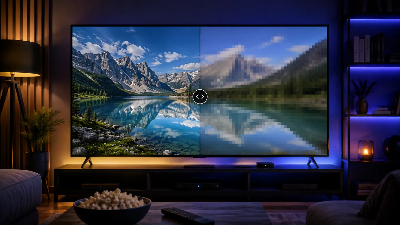 Comparaison sur un téléviseur entre une image nette et une image pixelisée d'un flux vidéo