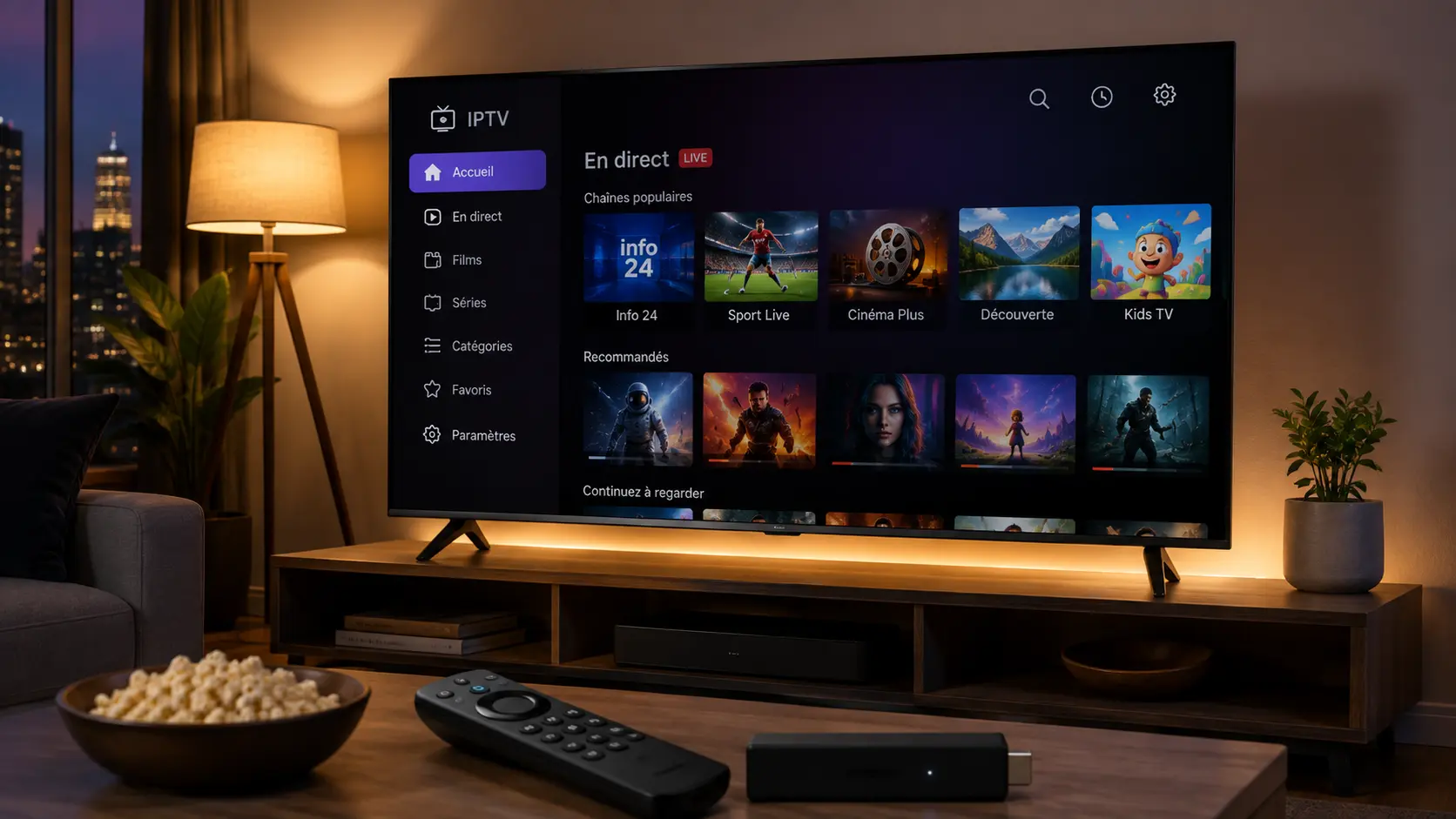 Salon moderne avec télévision et appareil de streaming pour regarder l'IPTV