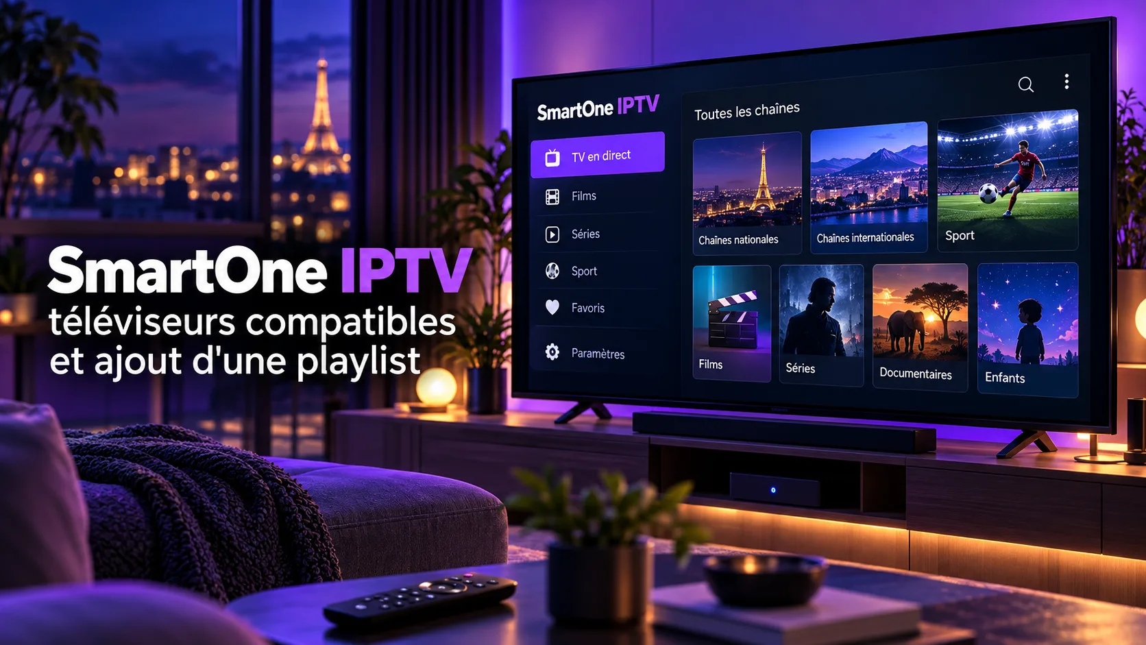 Illustration d'un salon le soir, avec un téléviseur affichant une interface de lecteur IPTV et ses rubriques direct, films, séries et sport