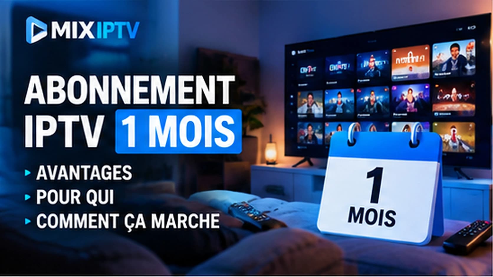 Calendrier indiquant 1 mois devant un téléviseur affichant une interface de chaînes et de films