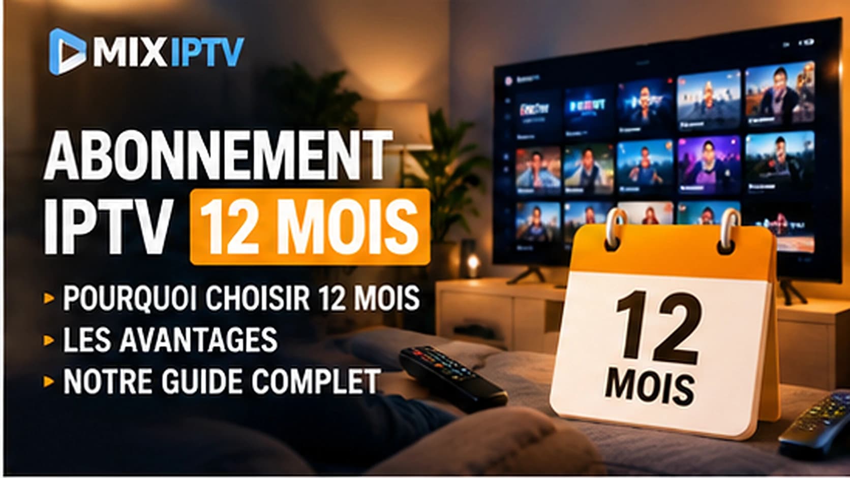 Calendrier indiquant 12 mois devant un téléviseur affichant une interface de chaînes et de films