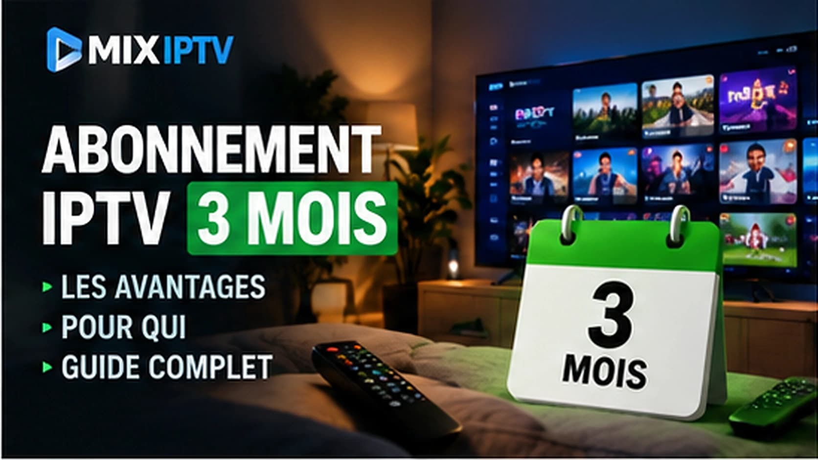Calendrier indiquant 3 mois devant un téléviseur affichant une interface de chaînes et de films