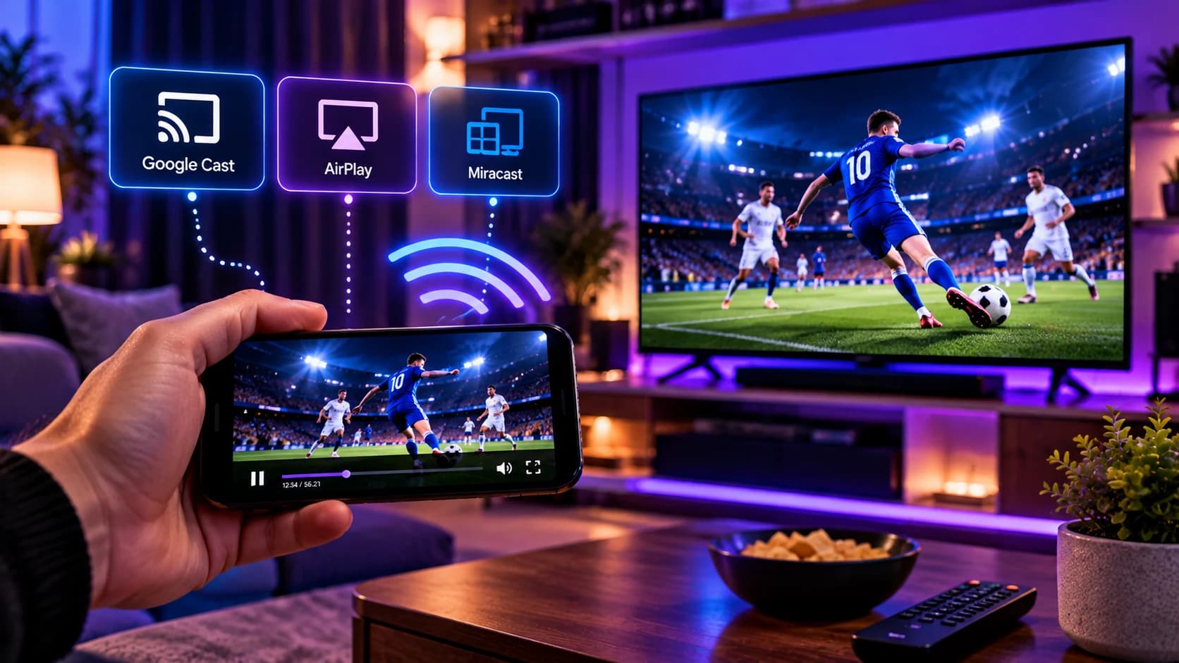 Smartphone tenu en main qui diffuse un match de football sur un téléviseur, avec les pictogrammes Google Cast, AirPlay et Miracast