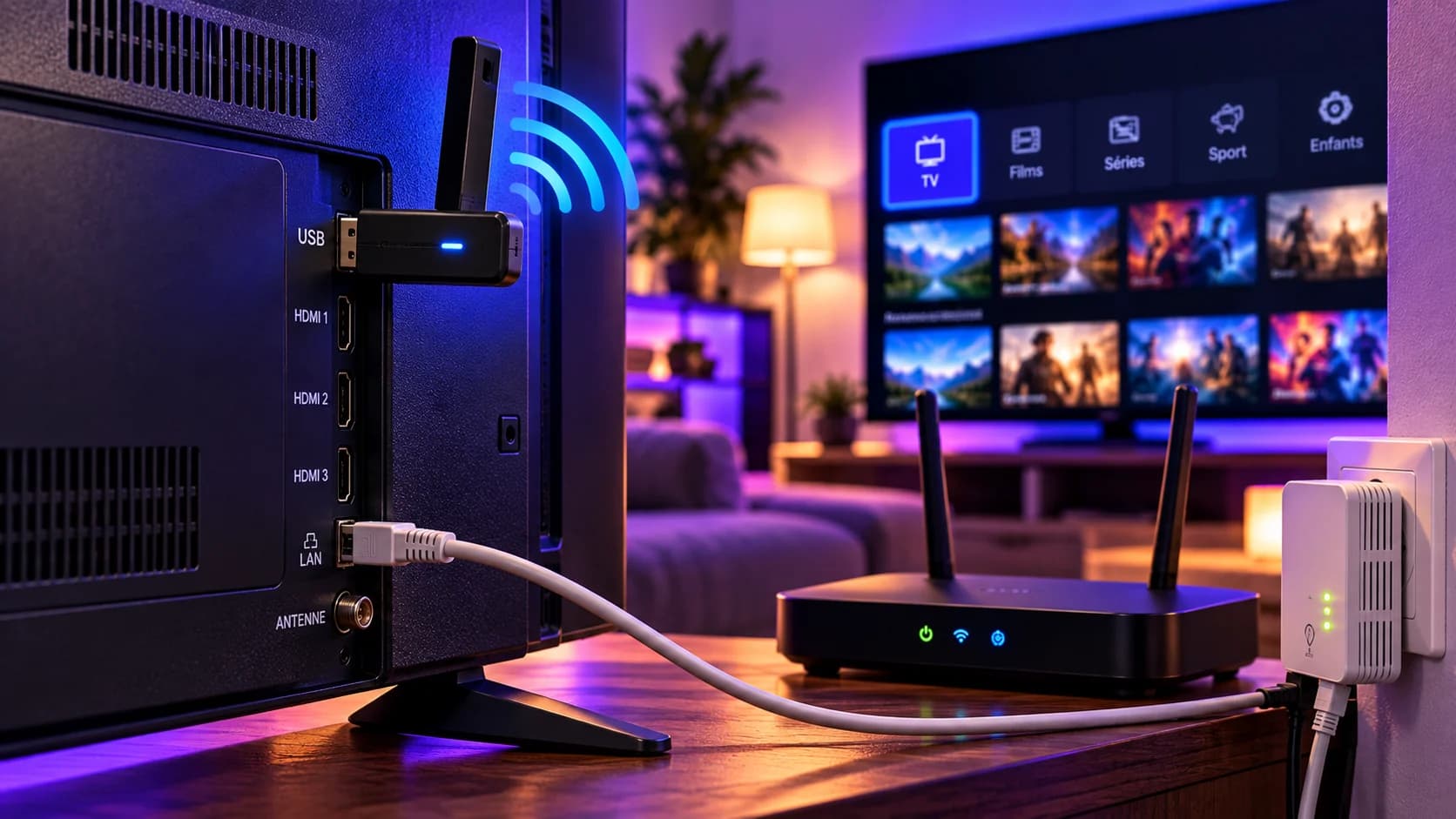 Arrière d'un téléviseur avec un adaptateur Wi-Fi branché en USB et un câble réseau relié à un adaptateur CPL, à côté d'un routeur