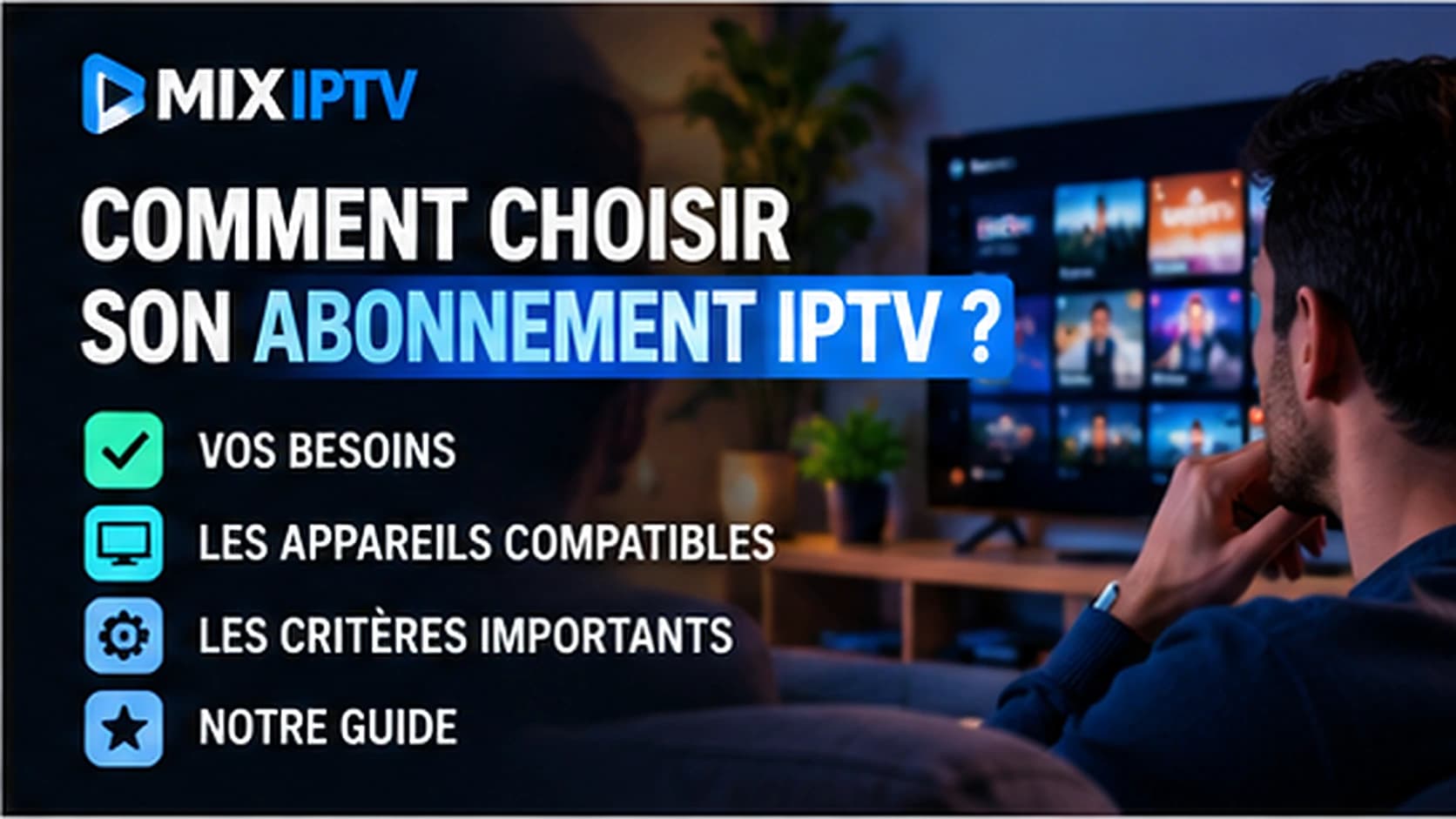 Personne réfléchissant devant un téléviseur affichant une interface de chaînes et de contenus