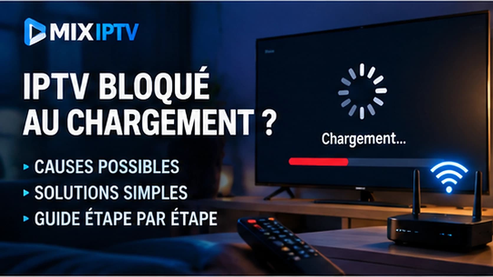 Téléviseur affichant un écran de chargement, avec une box Wi-Fi et une télécommande au premier plan