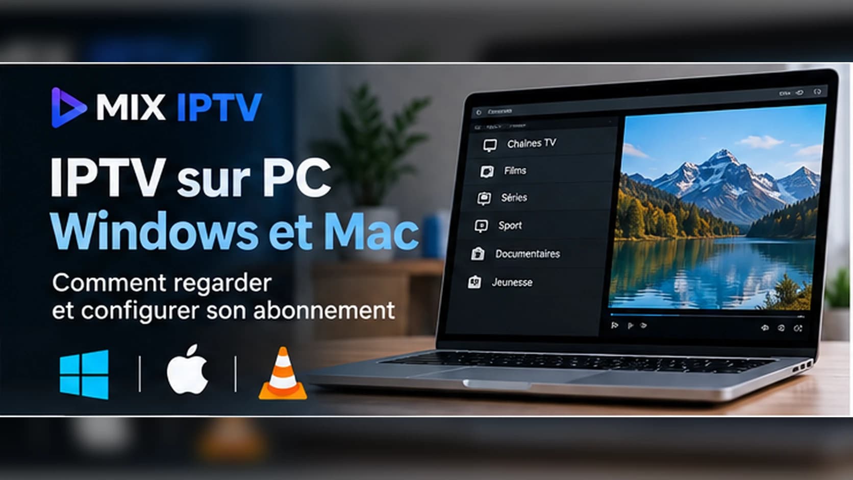 Ordinateur portable affichant un lecteur IPTV avec des catégories de chaînes, films et séries
