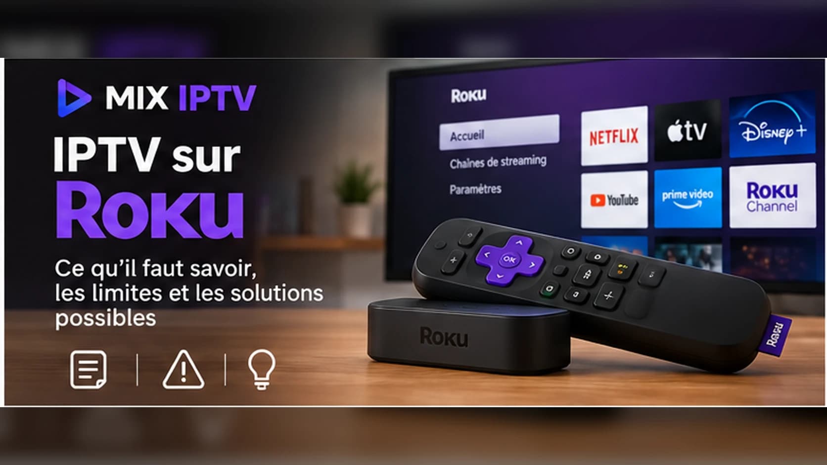 Boîtier Roku et sa télécommande devant un téléviseur affichant l'écran d'accueil Roku