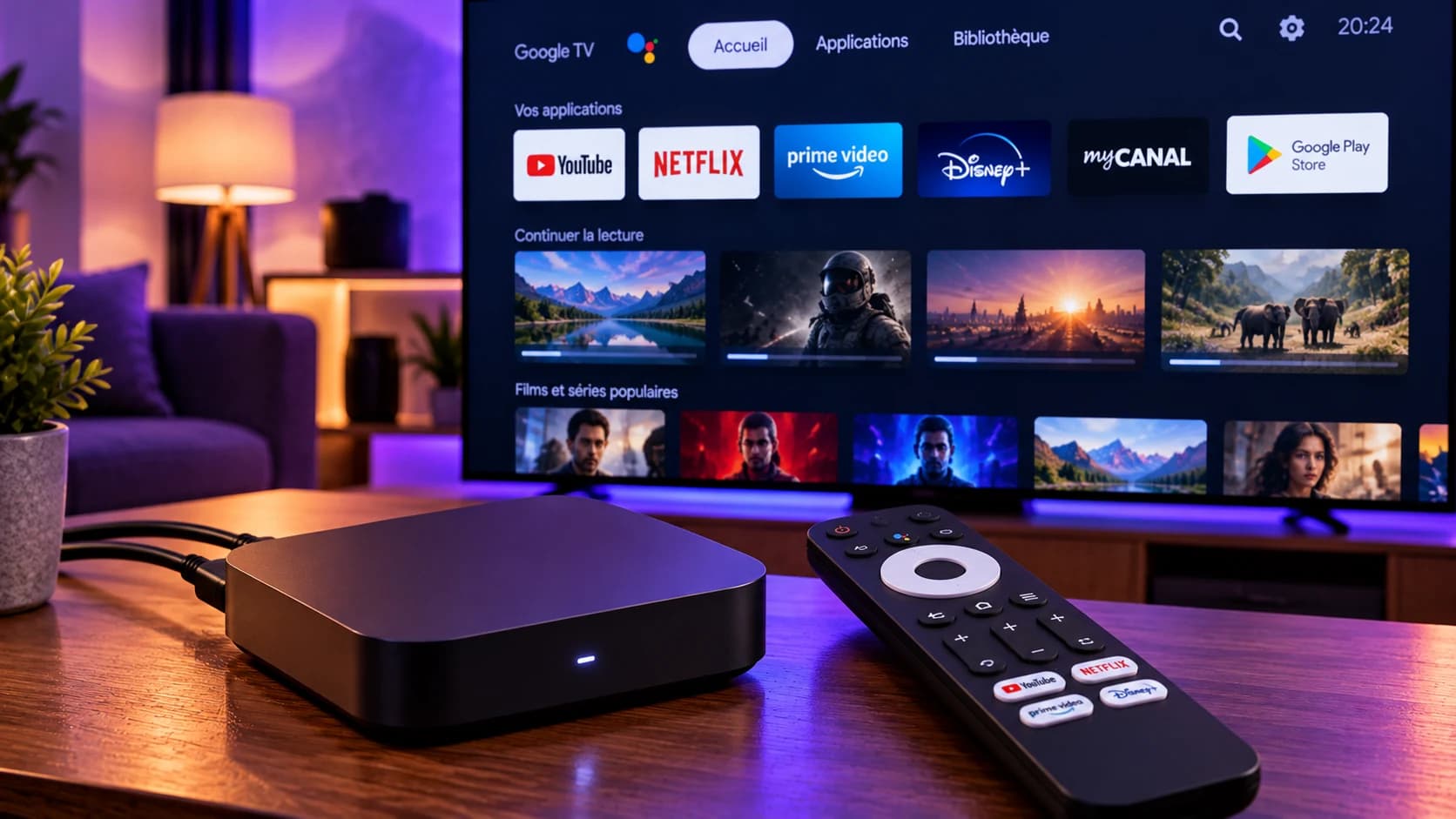Boîtier multimédia compact relié à un téléviseur affichant l'écran d'accueil de Google TV, avec sa télécommande au premier plan