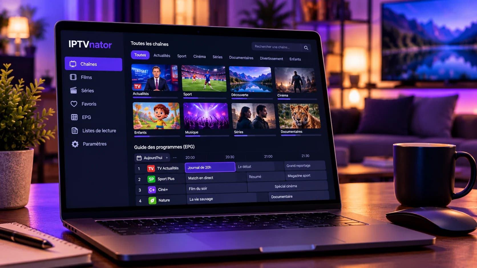 Illustration d'un ordinateur portable affichant un lecteur IPTV, avec ses catégories de chaînes et un guide des programmes