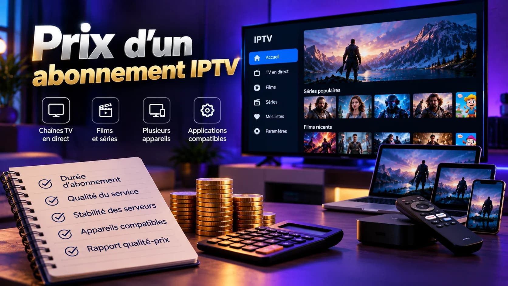 Carnet listant durée d'abonnement, qualité du service, stabilité, appareils compatibles et rapport qualité-prix, à côté de pièces, d'une calculatrice et d'écrans IPTV