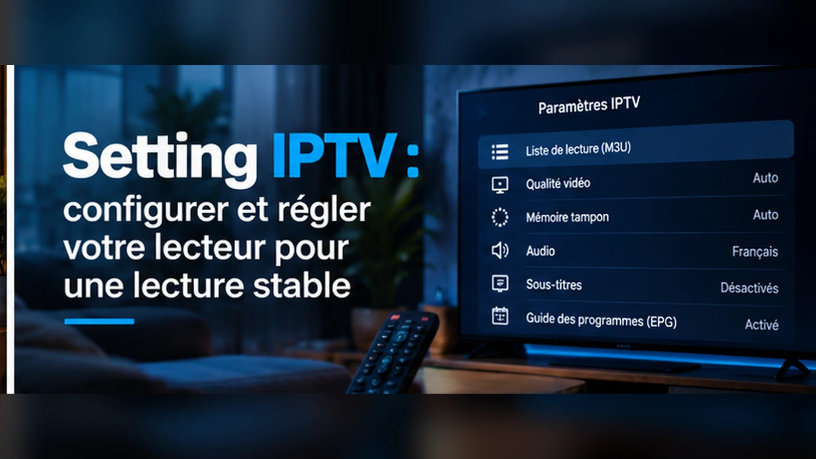 Menu des paramètres d'un lecteur IPTV sur un téléviseur : liste de lecture, qualité vidéo, mémoire tampon, audio, sous-titres et guide des programmes