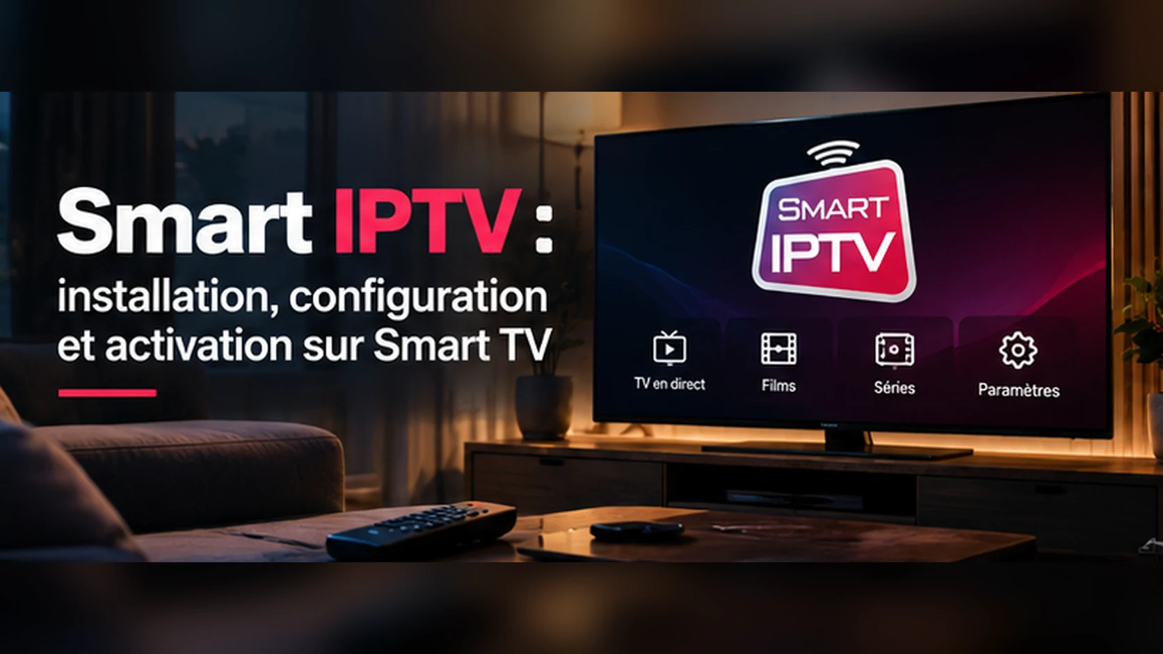 Téléviseur affichant l'écran d'accueil d'un lecteur Smart IPTV, avec ses rubriques direct, films, séries et paramètres