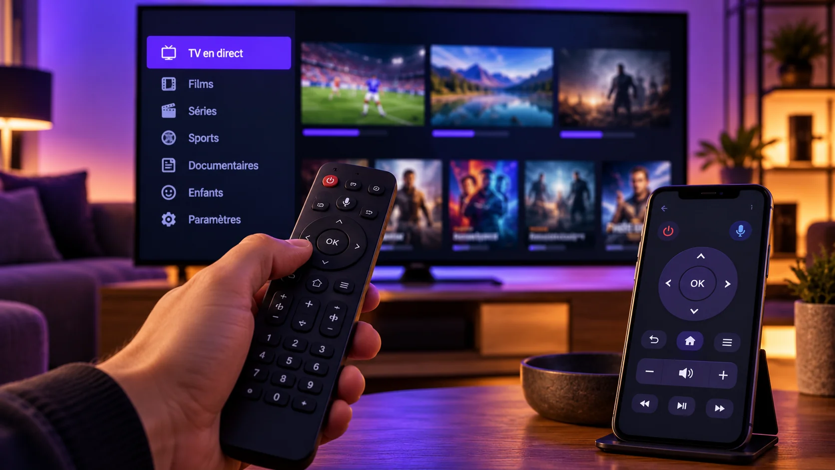 Main tenant une télécommande devant un téléviseur affichant un lecteur IPTV, à côté d'un smartphone utilisé comme télécommande virtuelle