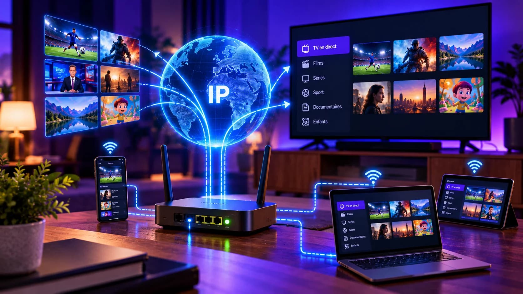 Illustration d'un routeur relié à un globe marqué « IP », qui distribue des flux de télévision vers un téléviseur, un ordinateur, une tablette et un smartphone
