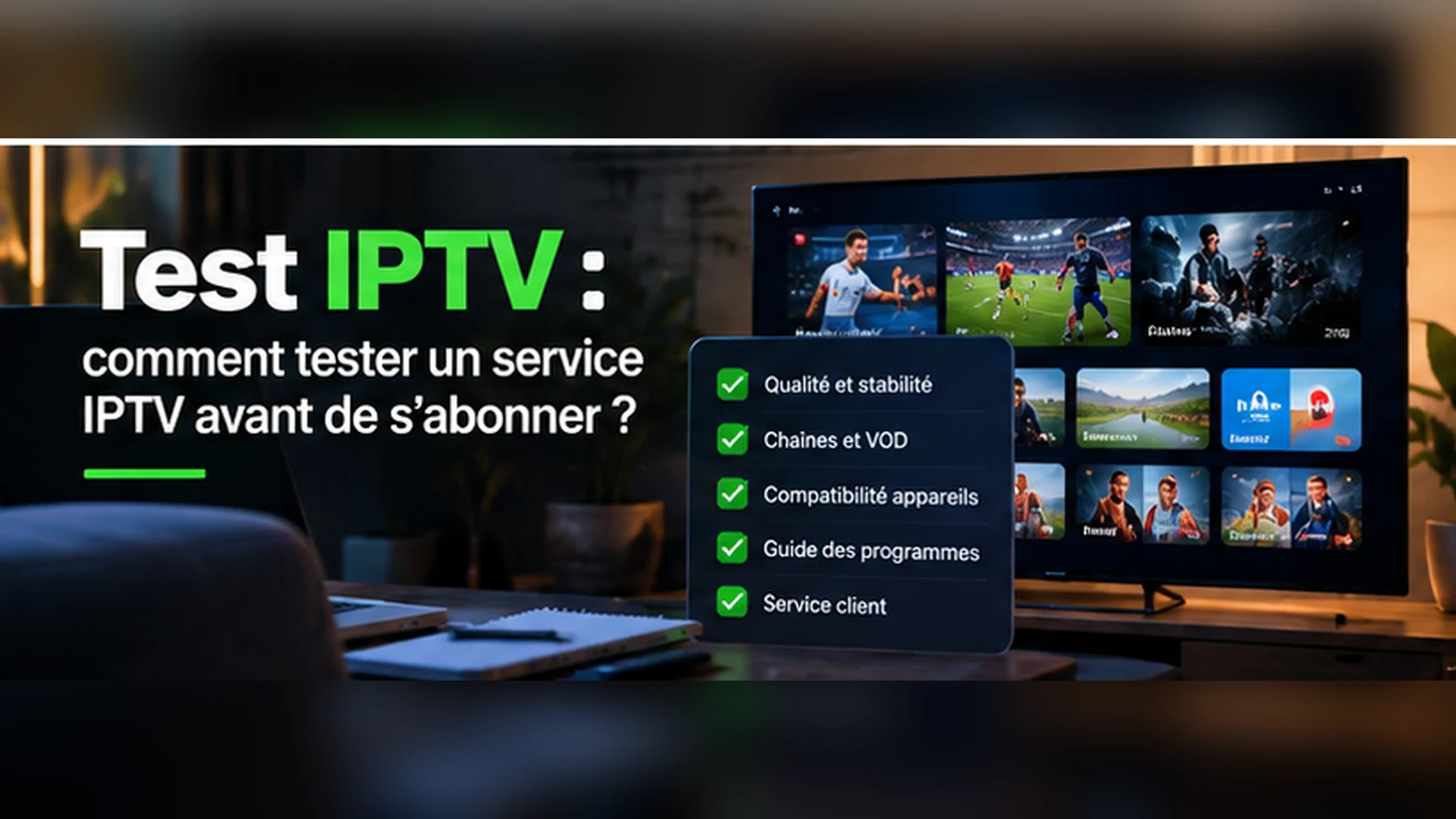 Liste de critères à tester devant un téléviseur IPTV : qualité, chaînes et VOD, compatibilité, guide des programmes et service client