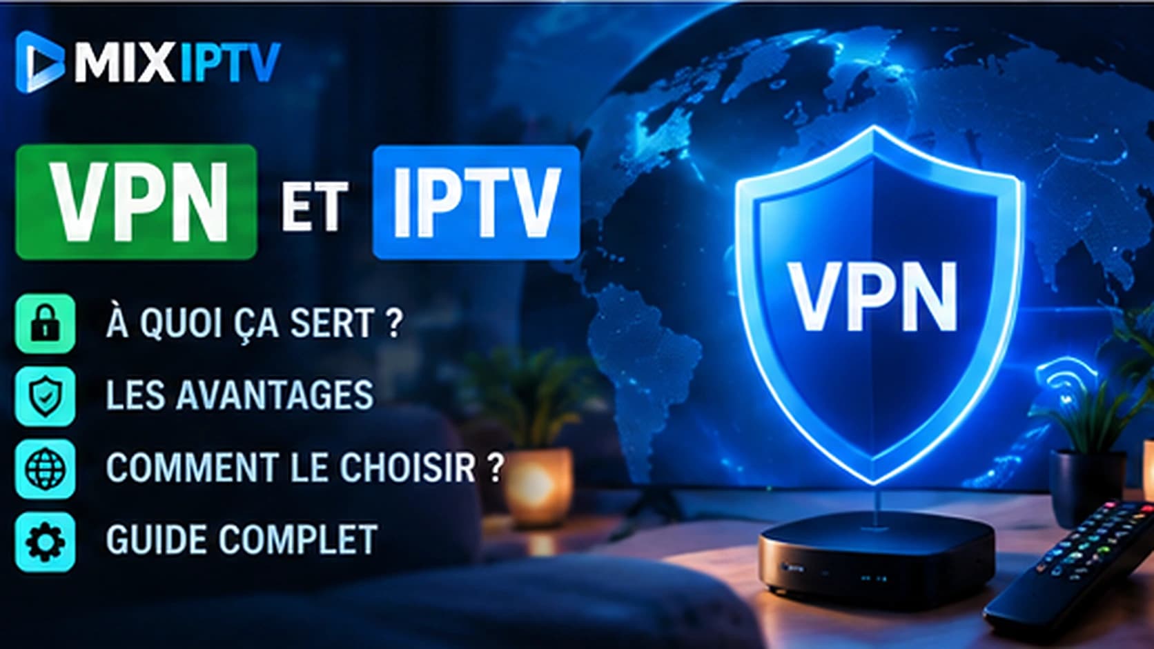 Bouclier VPN lumineux devant une carte du monde, à côté d'un boîtier TV et d'une télécommande